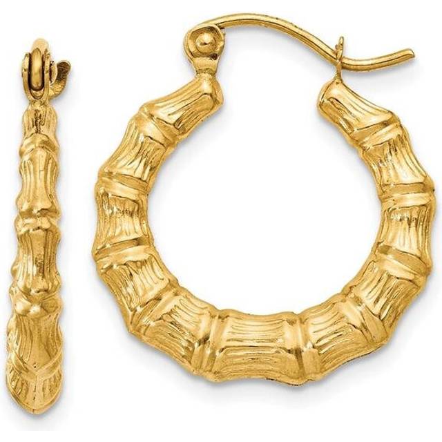 14K Yellow Gold Polished Bamboo Design Hollow Hoop Earrings