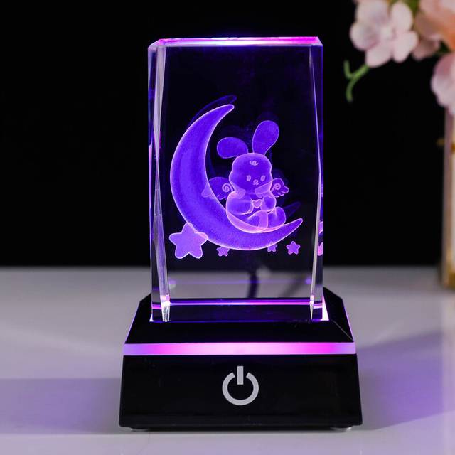 (Moon Rabbit) 3D Crystal Engrave Virgin Mary Figurine Statue with LED Base Catholic Gifts for Friend Women Religious Presents Ornament for Home