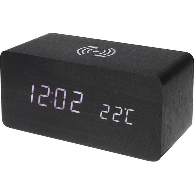 (Black) 3 in 1 Qi Wireless Charger & LED Digital Alarm Clock & Thermometer Modern Wooden