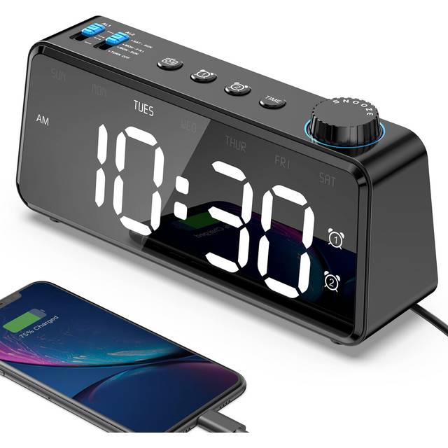 ANJANK Bedside FM Radio Alarm Clock | Bedroom Digital Clock with Wood Grain | USB Charger | Dual Alarm with Weekday or Weekend | Mains Power with