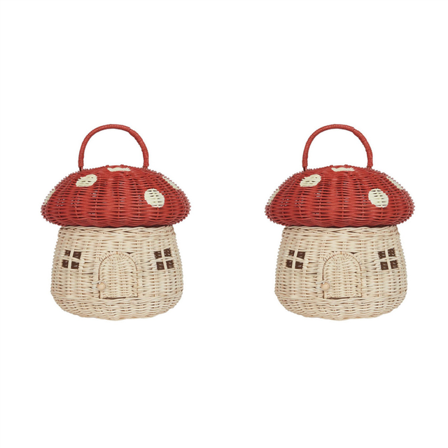 2X Handmade Rattan Mushroom-Shaped Storage Basket- Cute Handcrafted Gift Decoration Artwork Rattan, Red