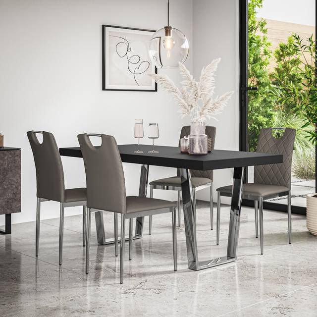 (Grey) Aria Dining Table Set Black Table w Chrome Legs w 4-6 Monza Faux Leather Chair