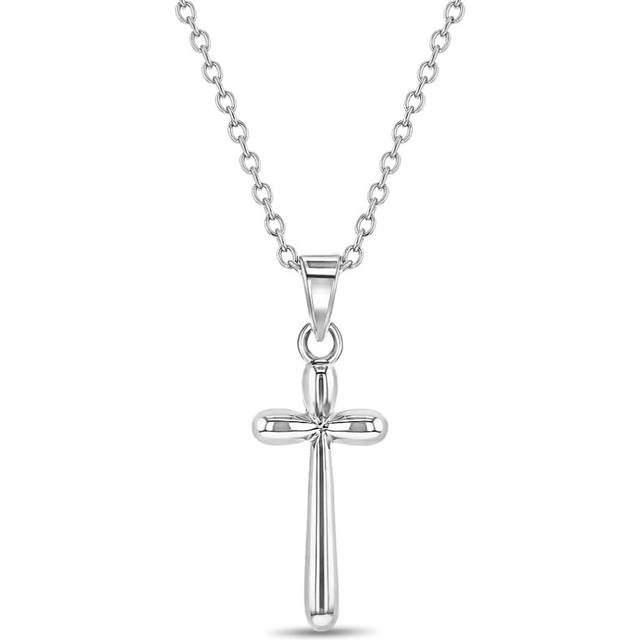 "925 Sterling Silver Girl's 16"""" Round Edge Plain Stick Cross Pendant Necklace - Shiny Rounded Cross Charm Necklaces for Children & Preteens - Classic"