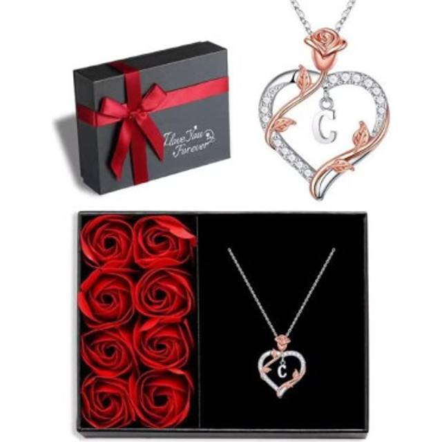 Iefil Forever Love Gifts for Her with Rose Box  925 Sterling Silver Rose Heart Initial C Letter Pendant Necklace Jewelry for Women Anniversary Valenti