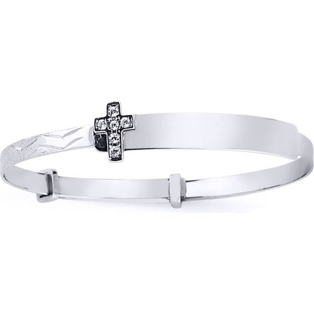 Jewelco London Kids Sterling Silver Cubic Zirconia Cross Expanding ID Baby Bangle Bracelet - BN49