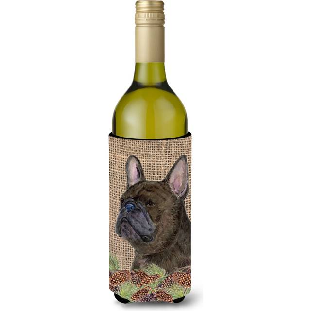 French Bulldog on Faux Burlap with Pine Cones Wine Bottle Beverage Insulator Beverage Insulator Hugger