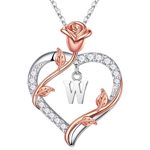Iefil Unique Rose Heart Initial Necklace  925 Sterling Silver Rose Love Heart Initial W Letter Pendant Necklace Jewelry  Valentines Day Gifts  Anniver