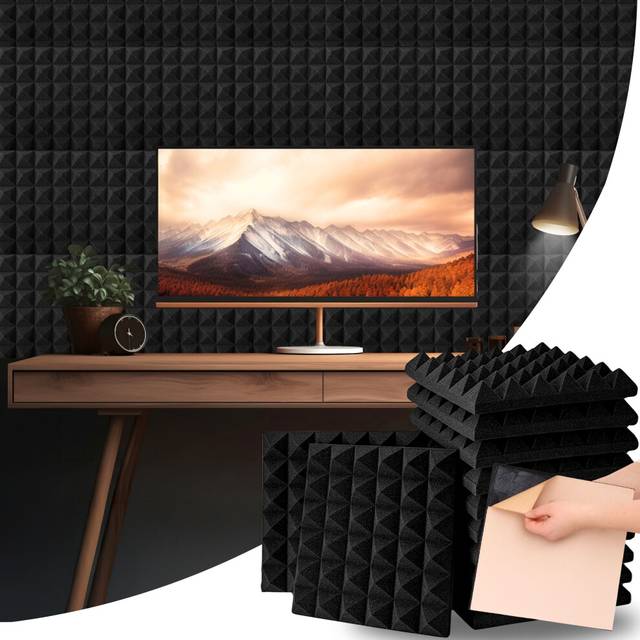 (Black, 12) Self-Adhesive Acoustic Wall Panels - Peel and Stick Foam Sound Absorbing Panel
