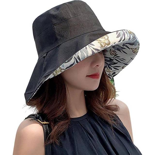 Wide Brim Cotton Summer Hat Women Packable Reversible Floral Bucket Hat UV Sun Protection Wide Brim Summer Beach Cap Double sided Floppy Sun Hats black