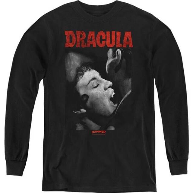 Trevco Sportswear HHOH10033-YL-4 Hammer House of Horror Christopher Lee Dracula Bite Long Sleeve Youth T-Shirt, Black - Extra Large