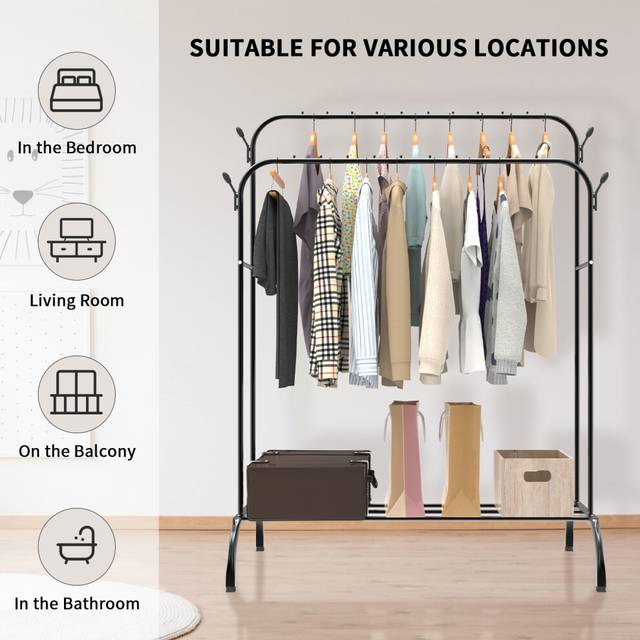(Double Rail) Multifunctional Metal Clothes Rail - 110cm Heavy Duty Clothing Garment Rack with Bottom Rack and Hooks for Hanging Coats, Skirts, and Sh