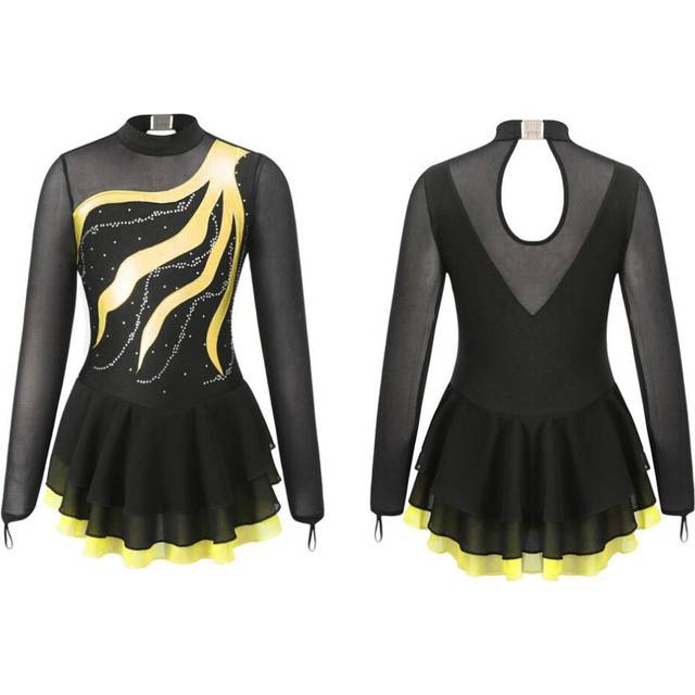 (yellow, 15-16 Years) Kids Girls Long Sleeve Rhinestone Decorated Hollow Back Dance Dress Girls&apos; Figure Ice Skating Leotard Dress