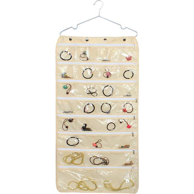 (a-Beige) Simple Hot Hanging Storage Necklace Ring Earring Jewelry Organizer 80 Pockets Double Sided Holder Wardrobe Display Large Bag