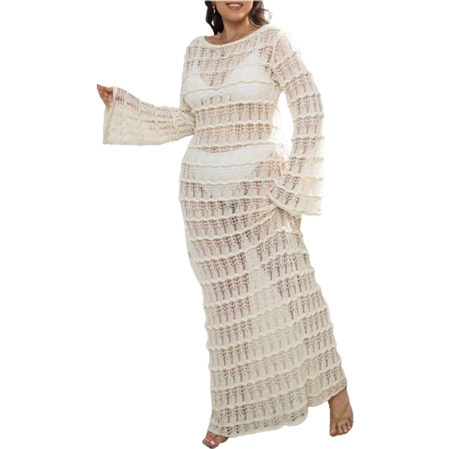 SHEIN Plus Size Long Sleeve Crochet Maxi Cover Up Dress, For Summer Beach Vacation