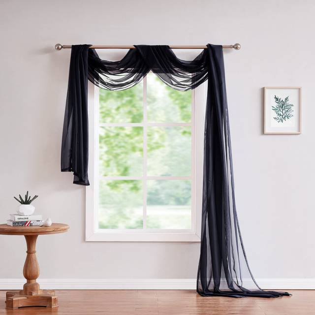 LinenZone Black Window Scarf Valance in 288 Inch Size. Use Window Scarves as Canopy Bed or Backdrop Curtains  Curtain Scarf  or Sheer Fabric for Drapi