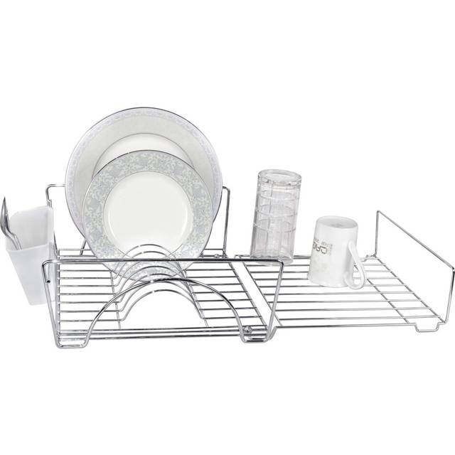 Smart Design Expandable Dish Drainer Drying Rack with Cutlery Cup - Steel Metal Wire - Fits in Standard Sinks - Dishes  Cups  Silverware Organization