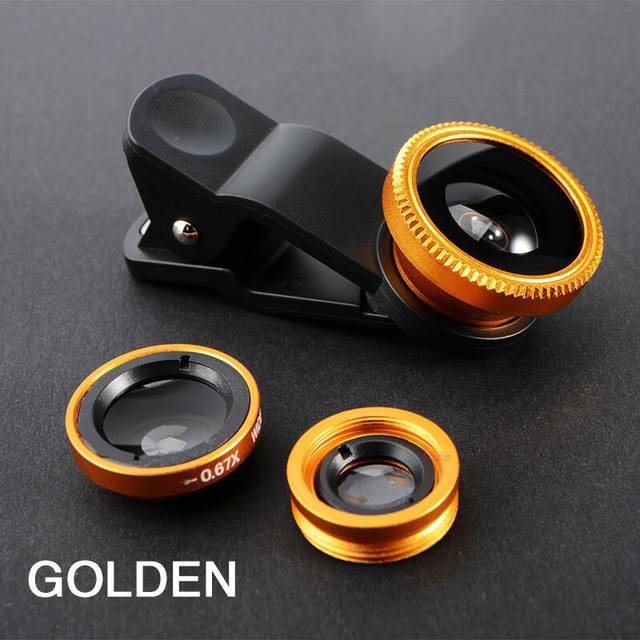 (Gold) 3in1 Fisheye Phone Lens 0.67x Wide Angle Zoom Lens Fish Eye Macro Lenses Camera Kits With Clip Lens On The Phone For Smartphone