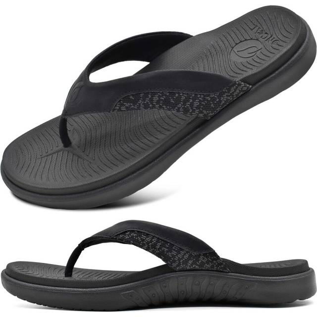 ONCAI Mens Flip Flops, Comfort Orthotic Plantar Fasciitis Beach Sport Athletic Soft Thong Sandals with Yoga Foam Arch Support Black Size 7.5