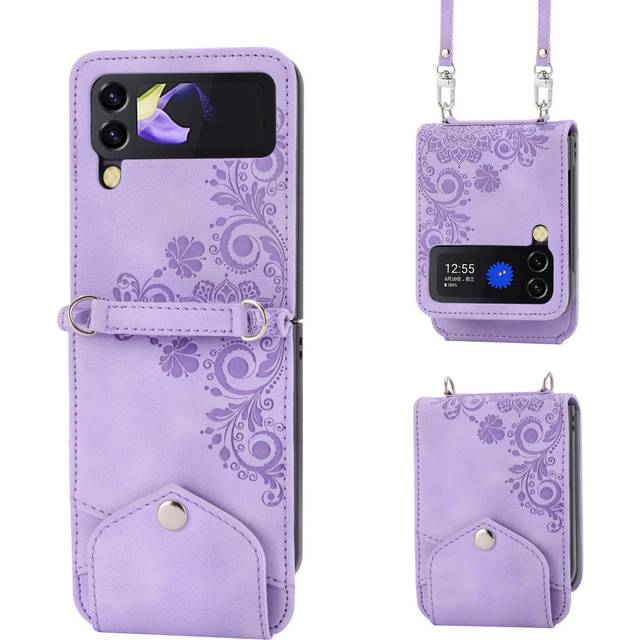 (Purple, for Samsung Z flip 4) Crossbody Lanyard Wallet Cards Solt Leather Case forGalaxy Z Flip 4 Flip4 Flip 3 Flip3 5G Card Holder Phone Cover Coque