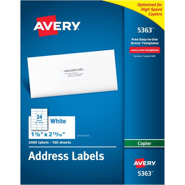 "Avery Printable Address Labels for Copiers  1-3/8"""""""" x 2-13/16""""""""  White  2 400 Blank Mailing Labels (05363)"