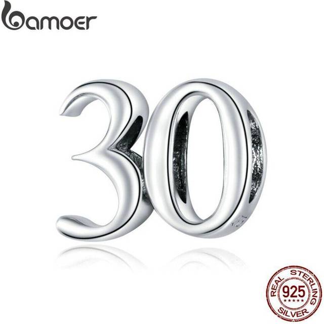 (925 silver) Bamoer Real 925 Sterling Silver Oxidized Silver Simple Numbers Thirty Beads Protect Metal Charm Fit Original Silver Bracelet