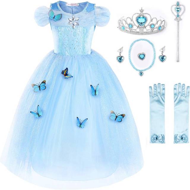JerrisApparel Flower girls Dress Princess costume Butterfly girl 7 Years  Sky Blue with Accessories