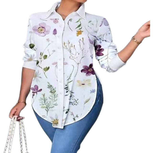 SHEIN Women Casual Comfortable Printed Long Sleeve Lapel Loose Blouse, Spring & Autumn
