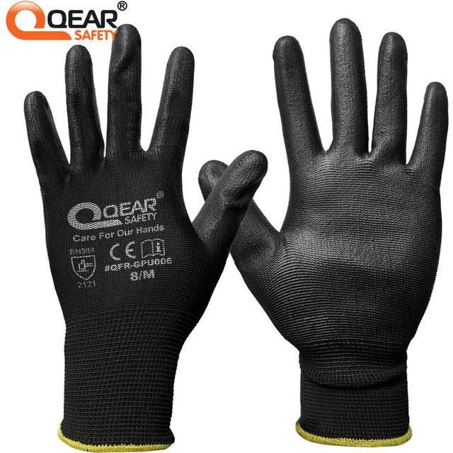 (Black 12 Pairs) 12 Pairs PU Thin Work Safety Gloves, Multi-Function, Light-Weight, Anti-Slip,