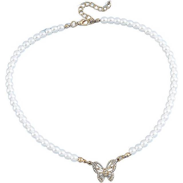 (As show, One size) Vintage Elegant Simulated Pearl Necklace Fashion Beaded Butterfly Pendant Choker
