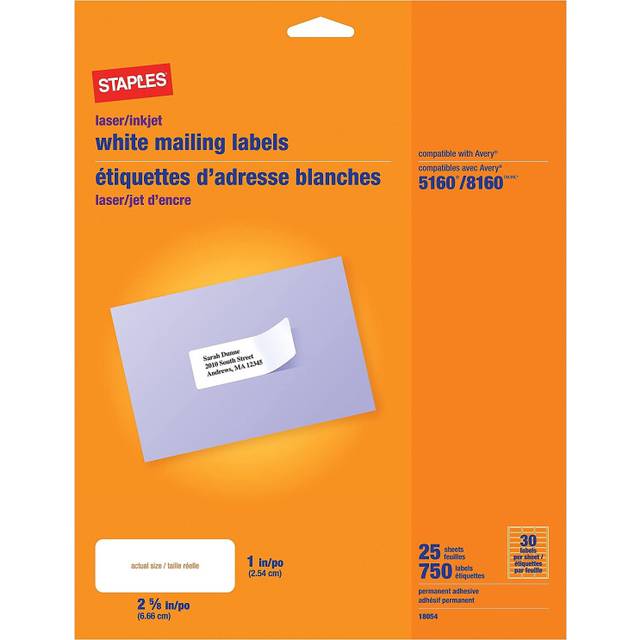 "White Mailing Labels for Laser & Inkjet Printers  1"""""""" x 2-5/8""""""""  750/Box"