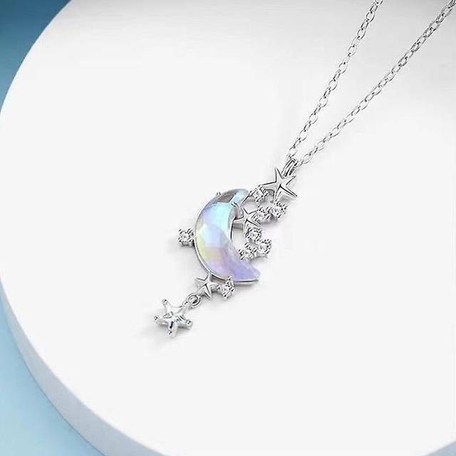 (As show, One size) Star Moon Moonstone Titanium Steel Chain Necklace Romantic Pendant Jewelry
