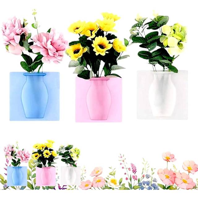 (Mix Color) 3Pcs Magic Silicone Vase, Magic Silicone Vase for Window, Self-Adhesive Reusable Hanging Flower Vase for Home, Office,Event Decor