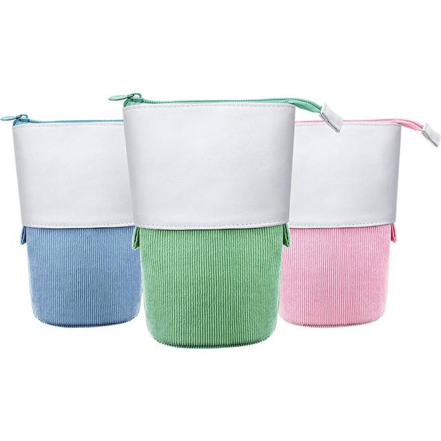 3 Pieces Telescopic Pencil Case Standing Stationery Holder Canvas Dual-Use -Up Stand Bags with Zipper B