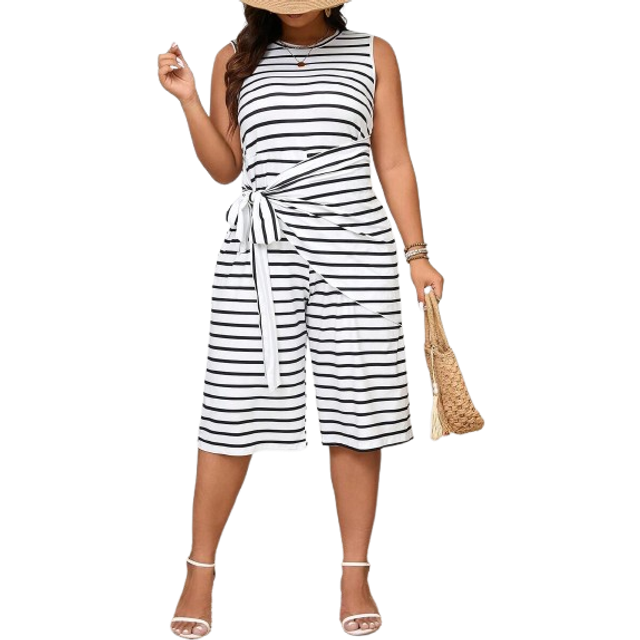 Stugaz Plus Size Women Striped Printed Simplistic Sleeveless Jumpsuit For Daily Wear, Summer