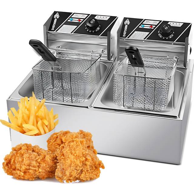6L+6L Dual Tank Electric Deep Fryer with Removable Oil Filtration Basket and Lid 2*1.7KW Stainless US plug silver