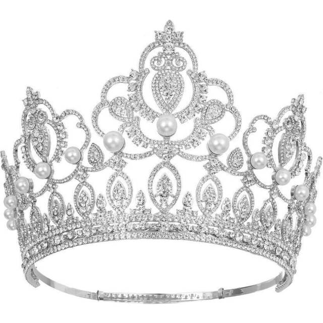 12cm Tall Pearl Crystal Tiara Crown Wedding Queen Princess Prom Adjustable - Green