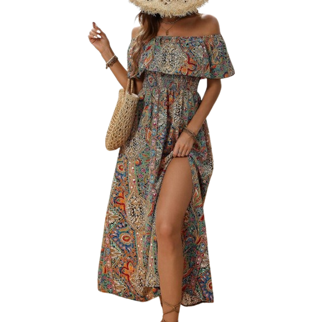 Breezaya Off-Shoulder Ruffled Sleeve High Waist Summer Dress Maxi Vacation Beach Outfits Women
