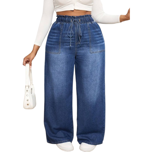 Dripcurv Plus Size Casual Relaxed Waist Elastic Waistband Straight Leg Blue Boyfriend Jeans