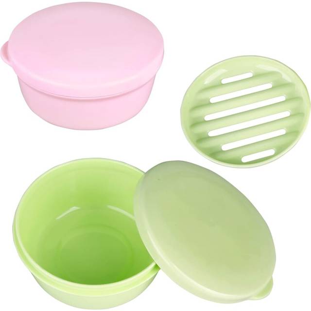 Plastic Soap Container Soap Bar Holder Travel Case Portable Round Soap Dishes with Lid Leak-Proof Soap Box for Shampoo Bar Soap (Pink + Green)