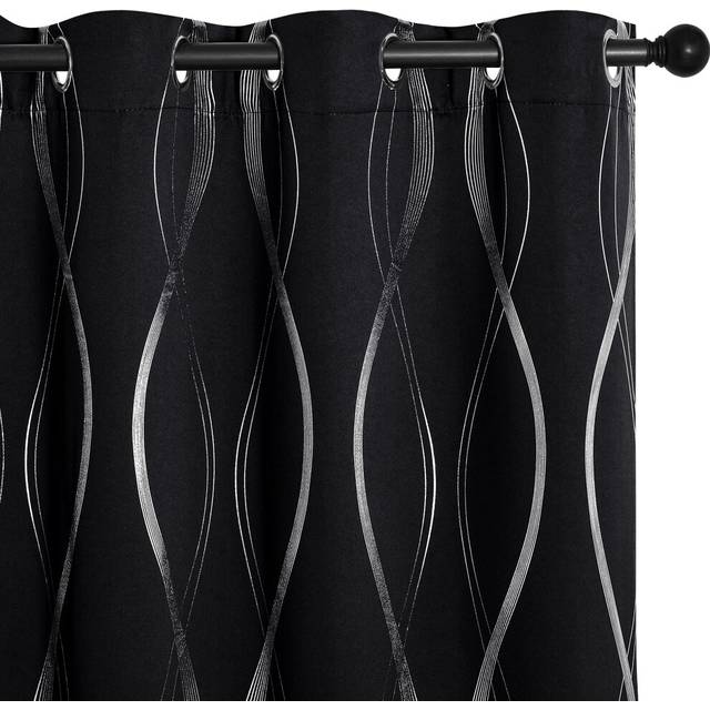 NICETOWN Black Out Curtains for Small Window  2 Panels  34 inches Wide by 45 inches Long  Foil Printed Wave Lines Thermal Insulated Blackout Panels/Dr
