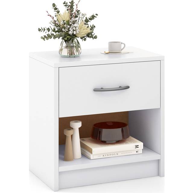 3-Tier Nightstand with Drawer and Open Storage Shelf for Small Spaces-White