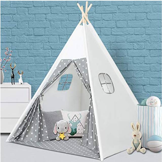 Wilwolfer Teepee Tent for Kids Foldable Children Play Tent for Girl and Boy with Carry Case 4 Poles White Canvas Playhouse Toy for Indoor and Outdoor