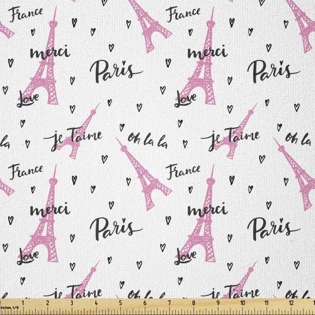 Lunarable Eiffel Tower Fabric by The Yard  France Paris Oh La La Eiffel Tower Hearts Calligraphy Doodle Style Artwork  Stretch Knit Fabric for Clothin