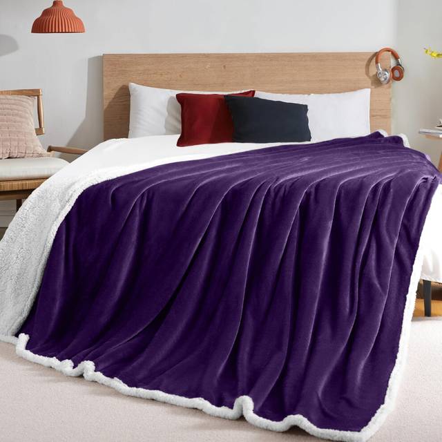 (Super King, Purple) 400 GSM Sherpa Blanket Sofa Bed Throw Single Double King Size Fluffy Throw