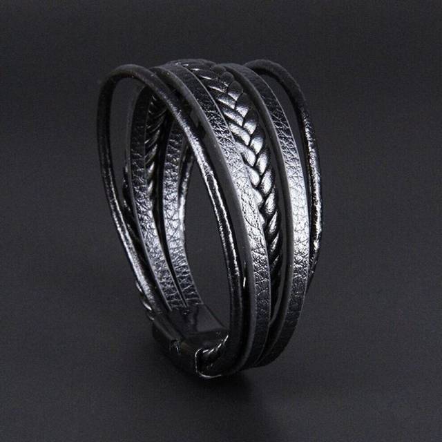 (black) Handsome Brown Men&apos;s Magnetic Leather Buckle Buckle Hand-woven Multi-layer Leather Bracelet