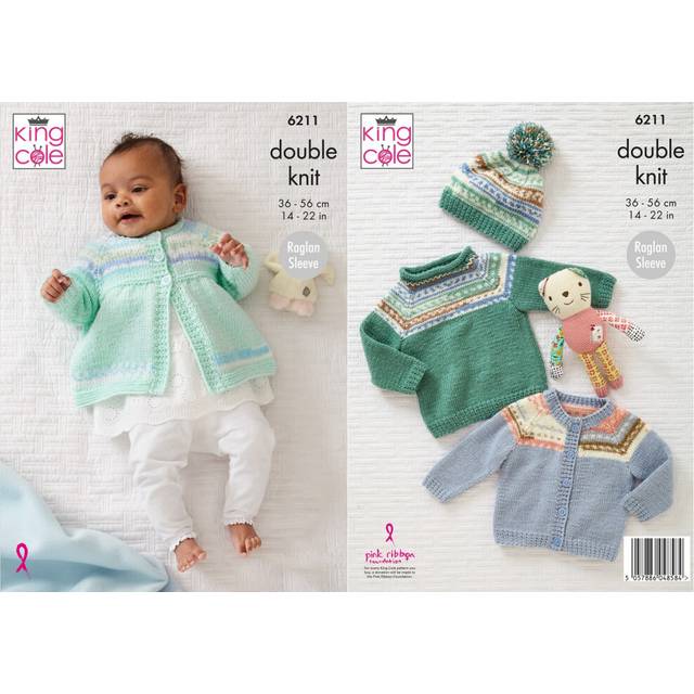 King Cole Knitting Pattern Babies Cardigan, Sweater, Matinee Coat & Hat 6211