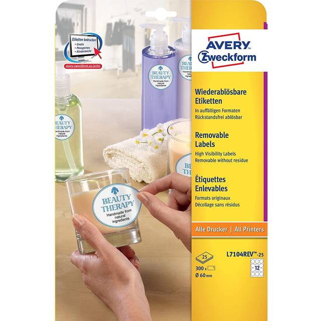 Avery Zweckform L7104REV-25ÃÂPack of 300 Labels, Circular, Removable, Diameter 60ÃÂmm, 25x A4 Sheets White