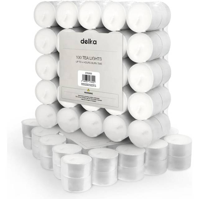 delka 4 Hour Tea Light Candles, 100 Pack, Long Burning Time, Unscented Tea Lights - White