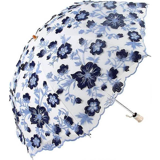 (As show, One size) Vintage Lace Ultraviolet Sun Umbrella Folding 3d Floral Embroidery Umbrella