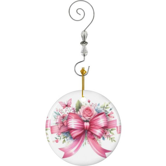 (Pink Ribbon With Flowers_3974) Christmas Ornaments Ceramic with Crystal Hook Xmas Handmade Tree Decorations KeepsakeÂGifts Stocking Stuffer